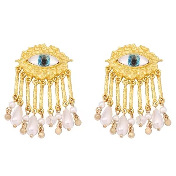 Anthropologie Maison Blue Evil Eye Protection Pearl Dangle Earrings - Picture 3 of 8